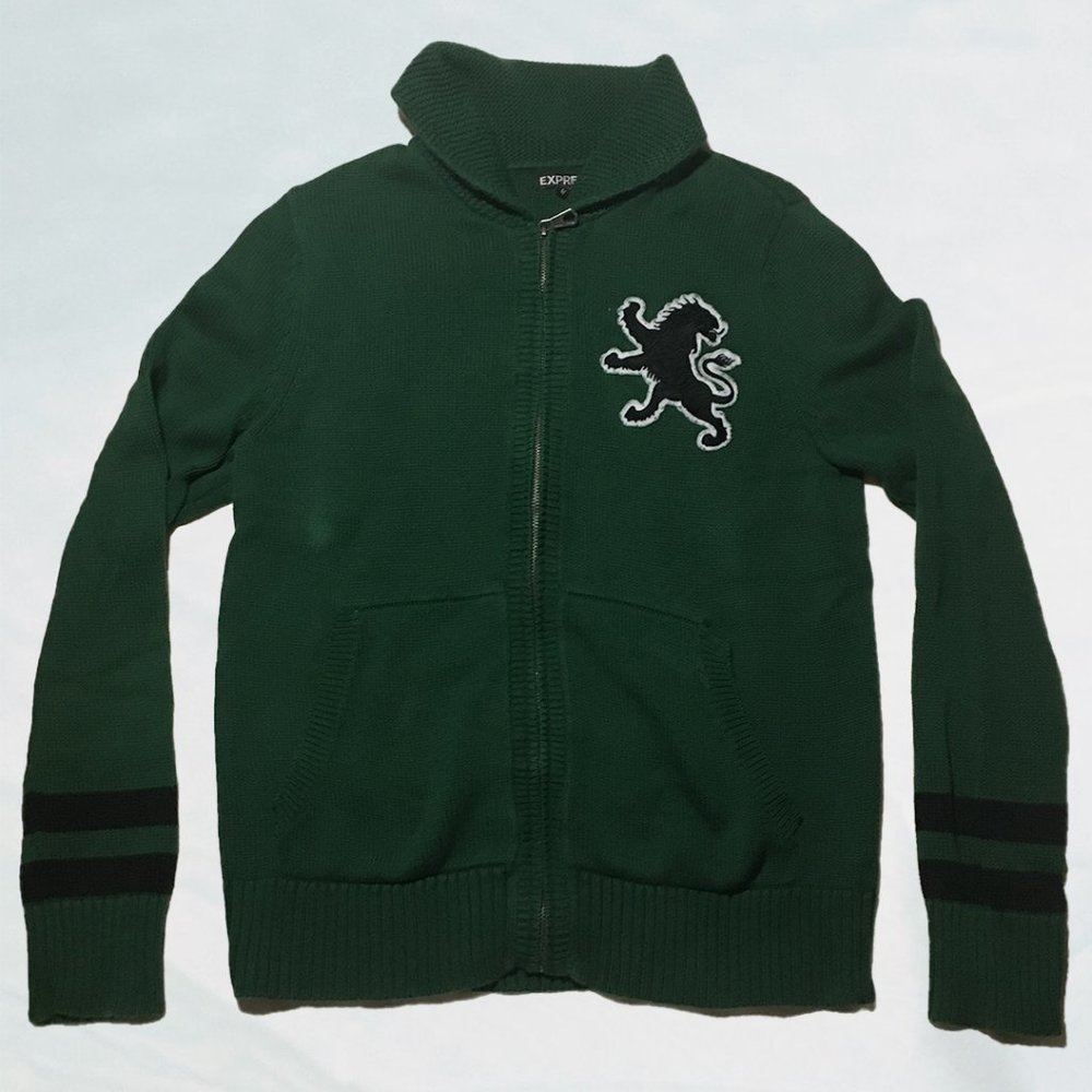Express Green Lion Letterman Sweater Jacket